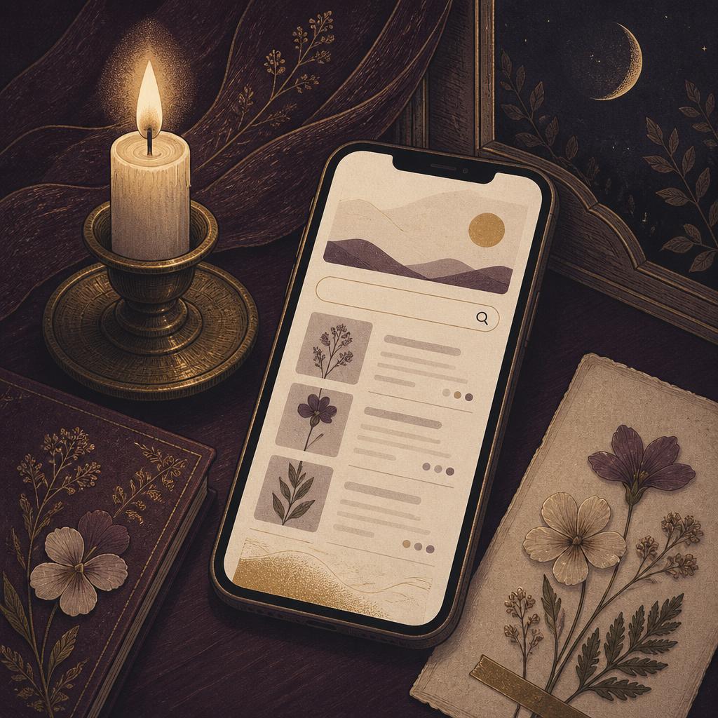 Stilisierte Illustration einer Kerze neben einem Smartphone mit ruhiger Suchergebnisseite und getrockneten Blüten